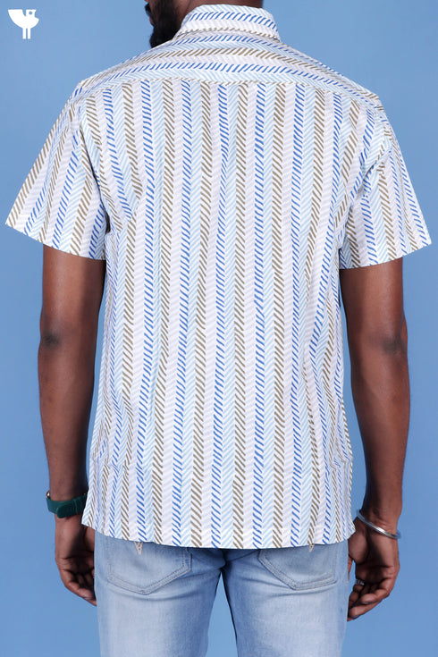 Regular Fit Cambric Cotton Men’s Half Sleeved Shirt In Graphic Block Print