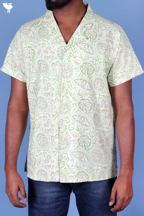 Blended Cotton Men’s Bush Shirt In Block Print