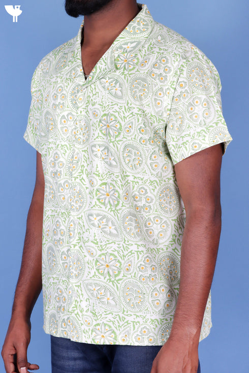 Blended Cotton Men’s Bush Shirt In Block Print