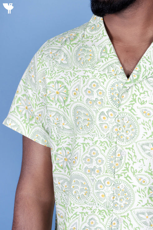 Blended Cotton Men’s Bush Shirt In Block Print
