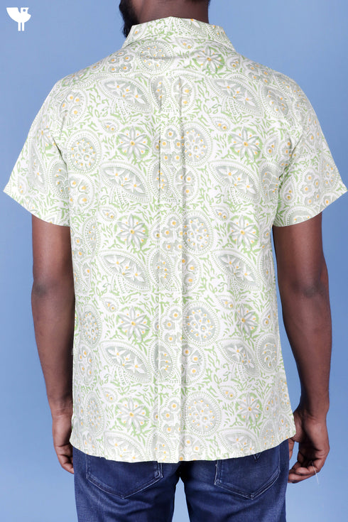 Blended Cotton Men’s Bush Shirt In Block Print