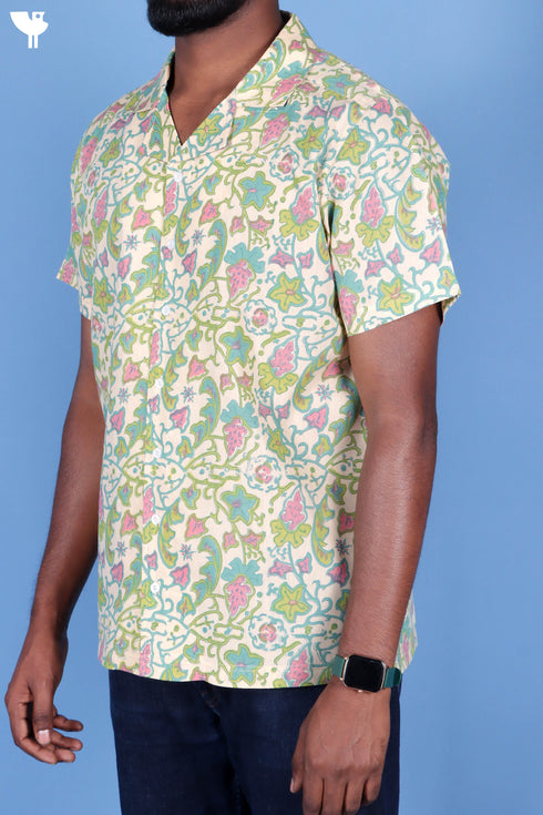 Blended Cotton Men’s Bush Shirt In Block Print