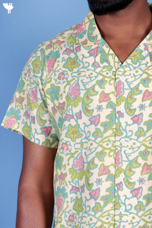 Blended Cotton Men’s Bush Shirt In Block Print