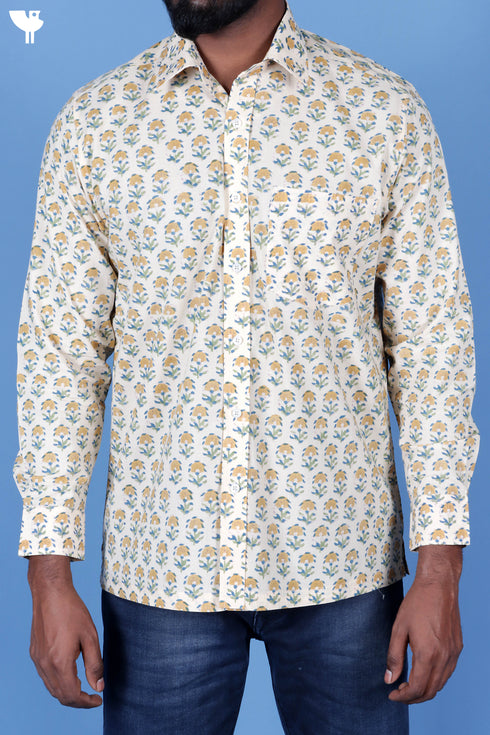 Regular Fit Cotton Men’s Full Sleeved Shirt In Block Print