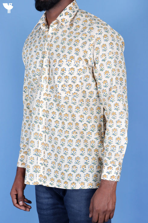 Regular Fit Cotton Men’s Full Sleeved Shirt In Block Print