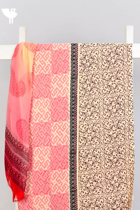 Terry Voile Dress Material With Chiffon Dupatta in Graphic Block Print