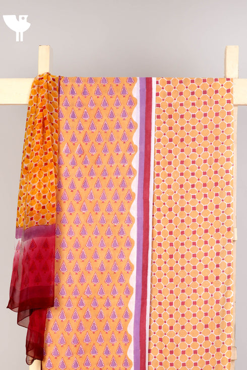 Terry Voile Dress Material With Chiffon Dupatta in Graphic Block Print