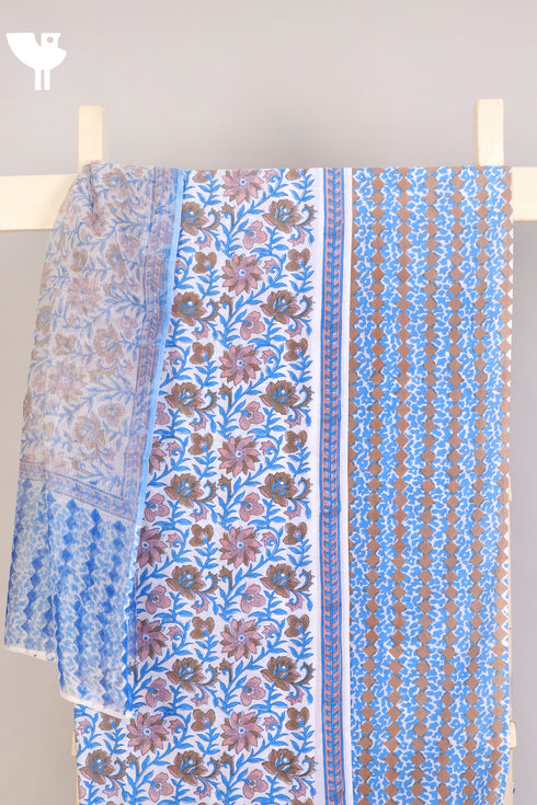 Cambric Cotton Dress Material With Kota Doria Dupatta in Floral Block Print