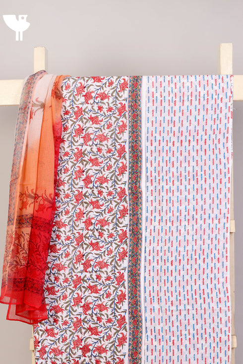 Cambric Cotton Dress Material With Kota Doria Dupatta in Floral Block Print