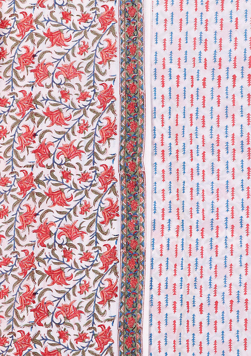 Cambric Cotton Dress Material With Kota Doria Dupatta in Floral Block Print