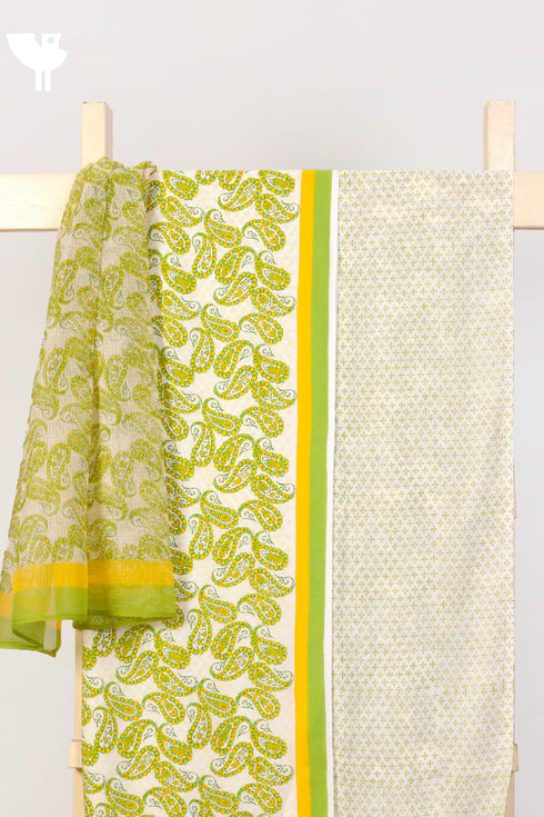 Cambric Cotton Dress Material With Kota Doria Dupatta in Paisley Block Print