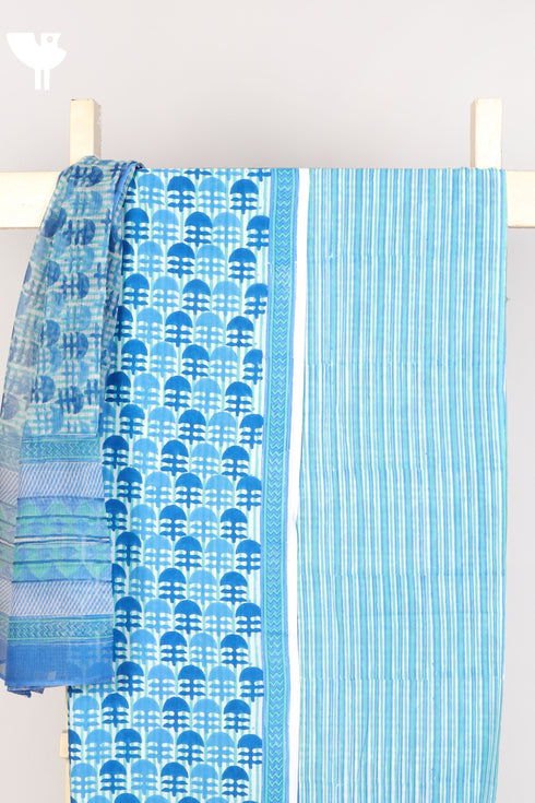 Cambric Cotton Dress Material With Kota Doria Dupatta In Graphic Block Print