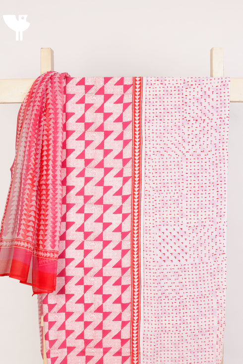 Cambric Cotton Dress Material With Kota Doria Dupatta In Geometric Block Print