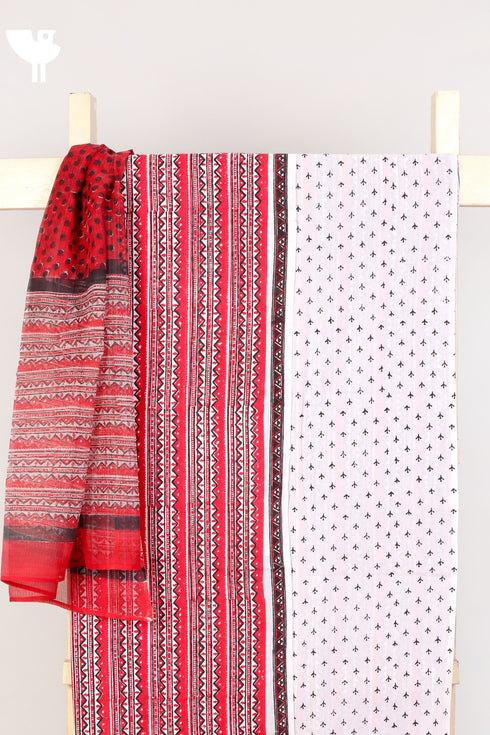 Cambric Cotton Dress Material With Kota Doria Dupatta In Graphic Block Print