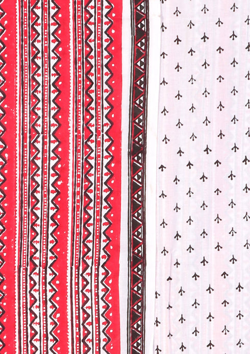 Cambric Cotton Dress Material With Kota Doria Dupatta In Graphic Block Print