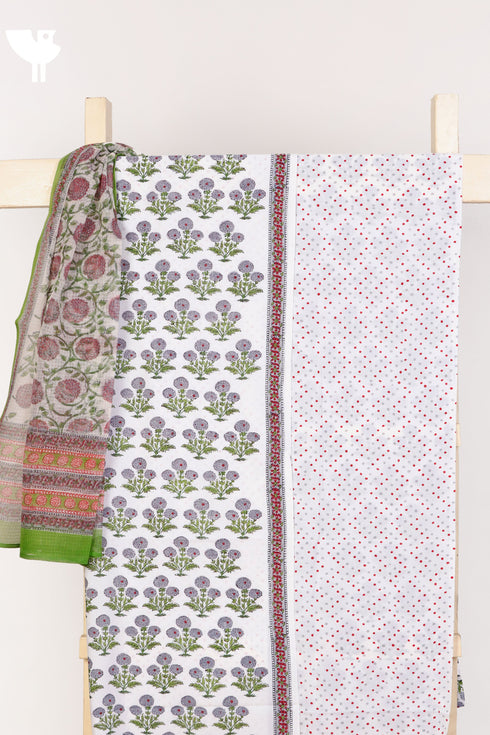Cambric Cotton Dress Material With Kota Doria Dupatta in Floral Block Print