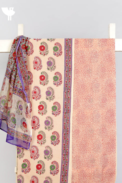 Terry Voile Dress Material With Kota Doria Dupatta In Floral Block Print
