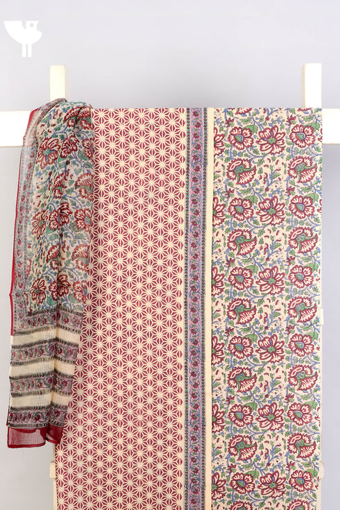 Terry Voile Dress Material With Kota Doria Dupatta In Floral Block Print