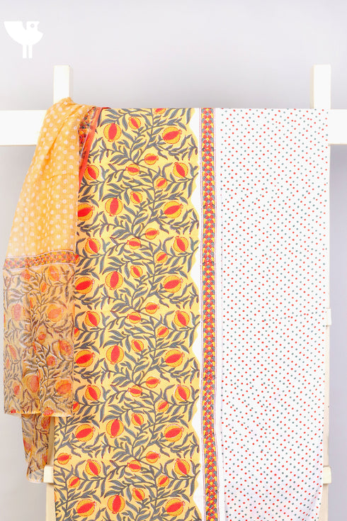 Bizzy Lizzy Dress Material With Kota Doria Dupatta in Pomegranate Block Print