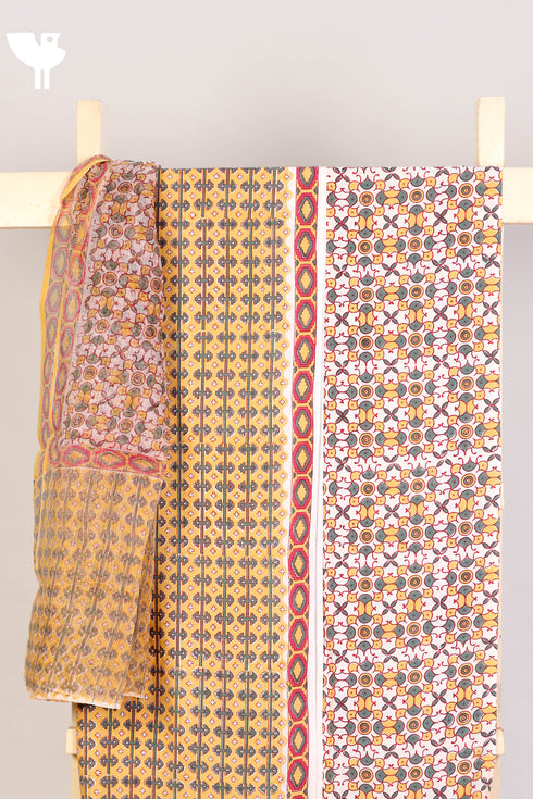 Bizzy Lizzy Dress Material With Kota Doria Dupatta in Geometric Block Print