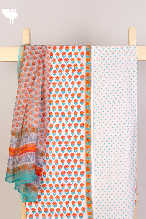 Bizzy Lizzy Dress Material With Kota Doria Dupatta in Floral Block Print