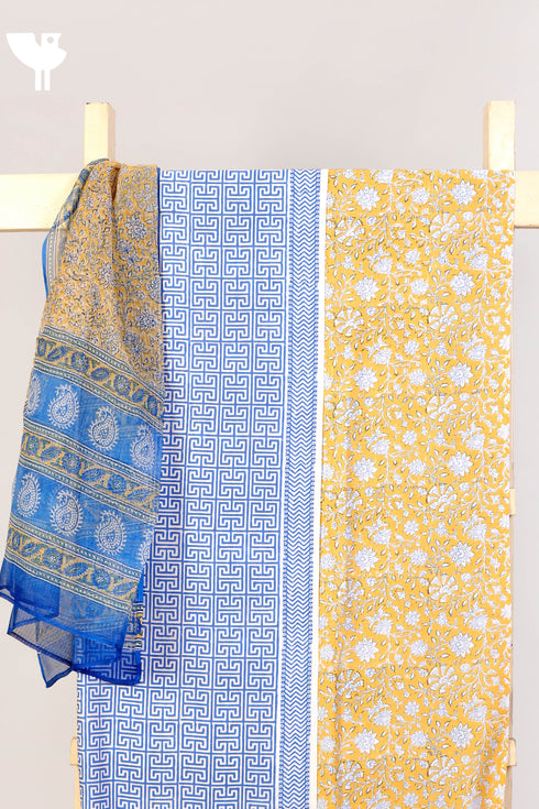Bizzy Lizzy Dress Material With Kota Doria Dupatta in Graphic Block Print