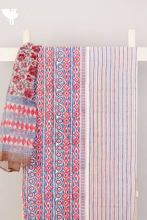 Bizzy Lizzy Dress Material With Kota Doria Dupatta in Geometric Block Print