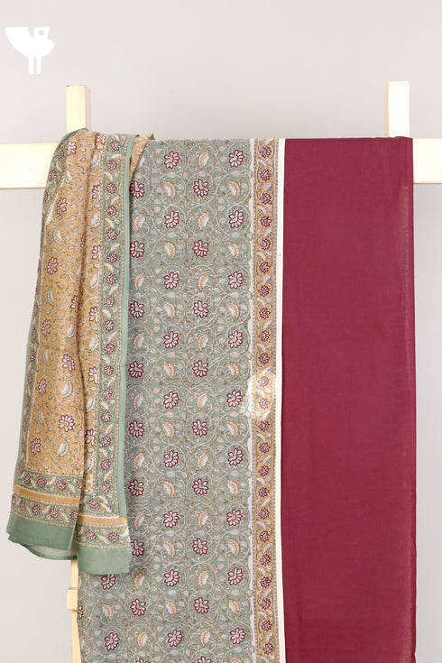 Chanderi Silk Dress Material With Dupatta In Floral Block Print