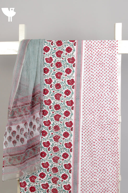 Chanderi Silk Dress Material Set in Red Floral Hand Block Print