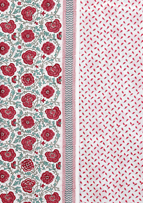 Chanderi Silk Dress Material Set in Red Floral Hand Block Print
