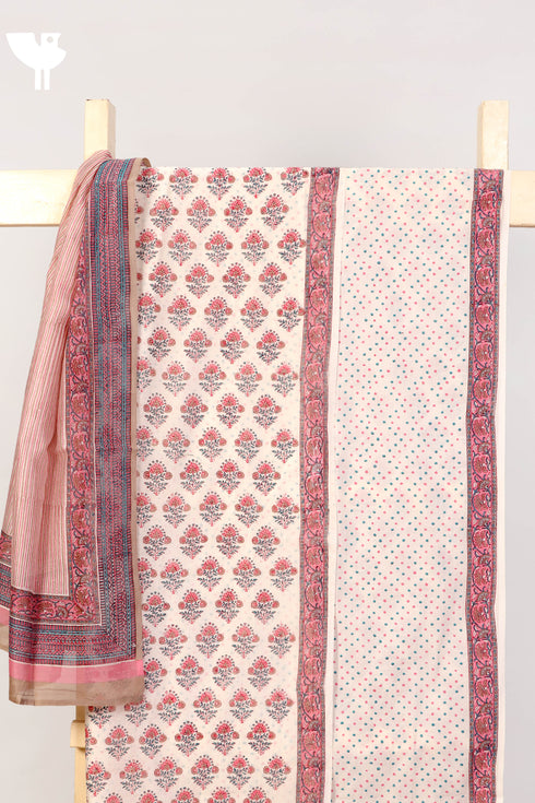 Chanderi Silk Dress Material With Dupatta In Pale Peach Floral Block Print