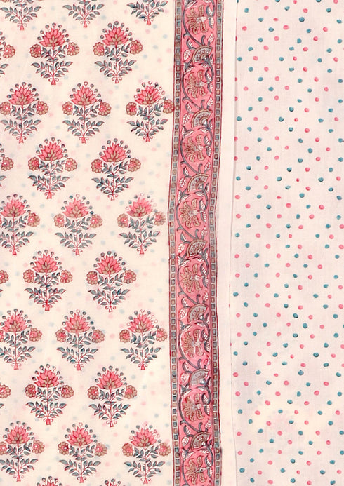 Chanderi Silk Dress Material With Dupatta In Pale Peach Floral Block Print