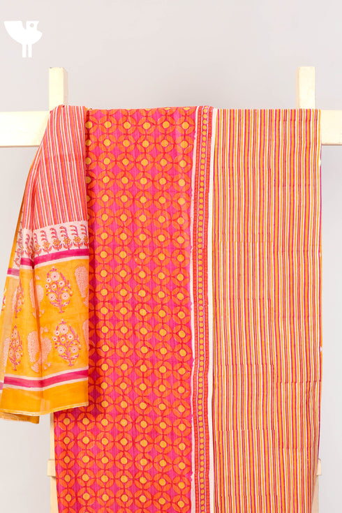 Chanderi Silk Dress Material With Dupatta In Graphic Block Print