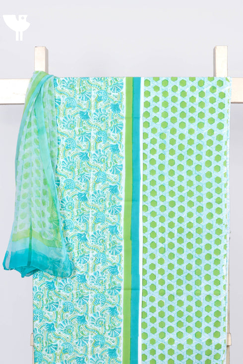 Cambric Cotton Dress Material With Chiffon Dupatta in Floral Block Print