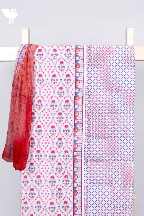 Cambric Cotton Dress Material With Chiffon Dupatta in Floral Block Print