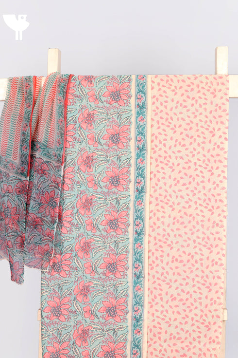 Terry Voile Dress Material With Chiffon Dupatta In Floral Block Print