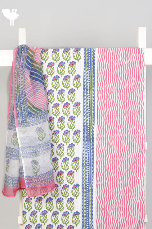 Bizzy Lizzy Dress Material With Kota Doria Dupatta in Floral Block Print