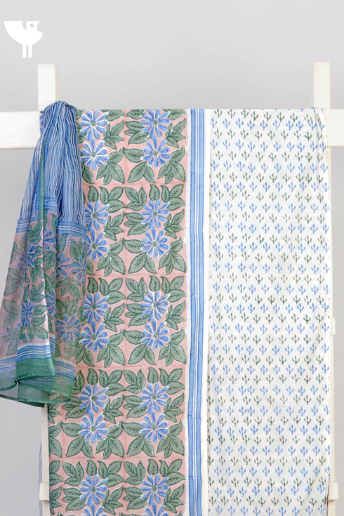 Bizzy Lizzy Dress Material With Kota Doria Dupatta in Floral Block Print