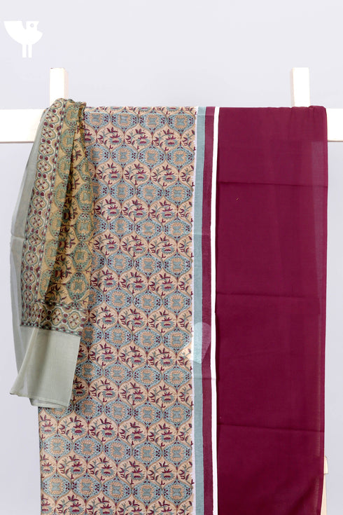 Chanderi Silk Dress Material With Dupatta In Floral Block Print
