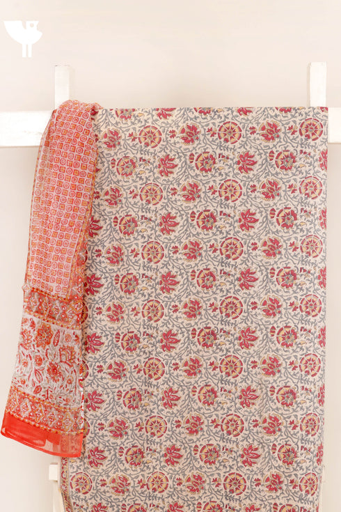 Terry Voile And Kota Doria Dupatta Two Piece Dress Material in Block Print