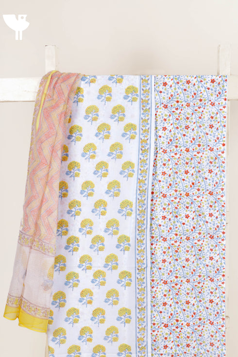 Cambric Cotton Dress Material With Kota Dupatta in Block Print