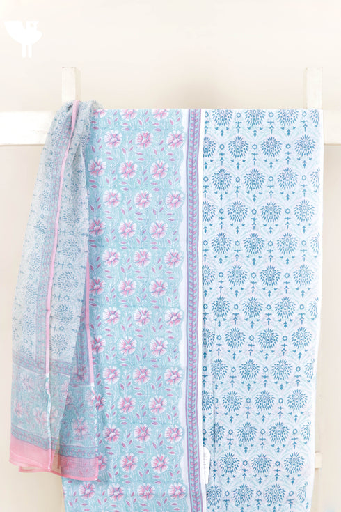 Cambric Cotton Dress Material With Kota Dupatta in Block Print