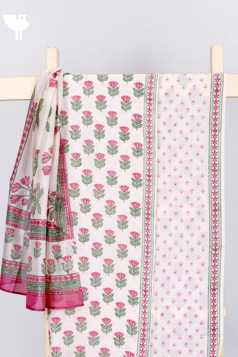Chanderi Silk Dress Material With Dupatta In Floral Block Print