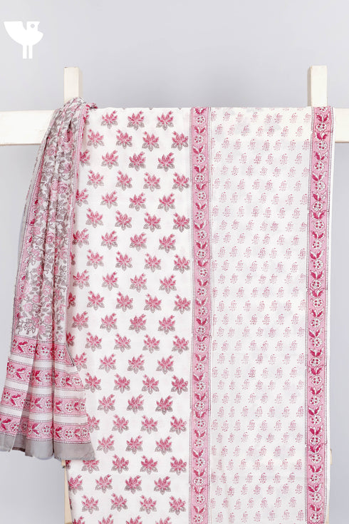 Chanderi Silk Dress Material With Dupatta In Floral Block Print