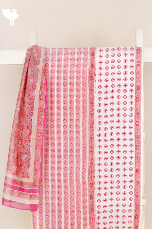 Chanderi Silk Dress Material With Dupatta In Floral Block Print