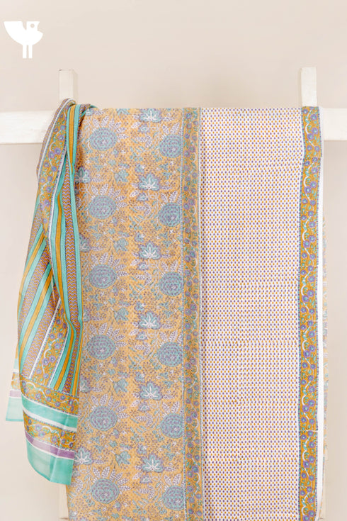 Chanderi Silk Dress Material With Dupatta In Floral Block Print