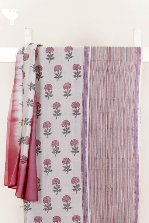 Chanderi Silk Dress Material With Dupatta In Floral Block Print