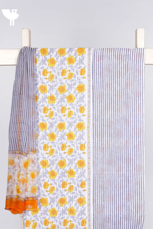 Terry Voile Dress Material With Chiffon Dupatta In Floral Block Print