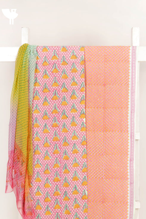 Bizzy Lizzy Dress Material With Chiffon Dupatta in Block Print