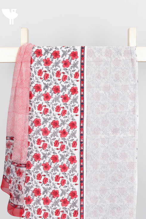 Cambric Cotton Dress Material With Chiffon Dupatta in Floral Block Print